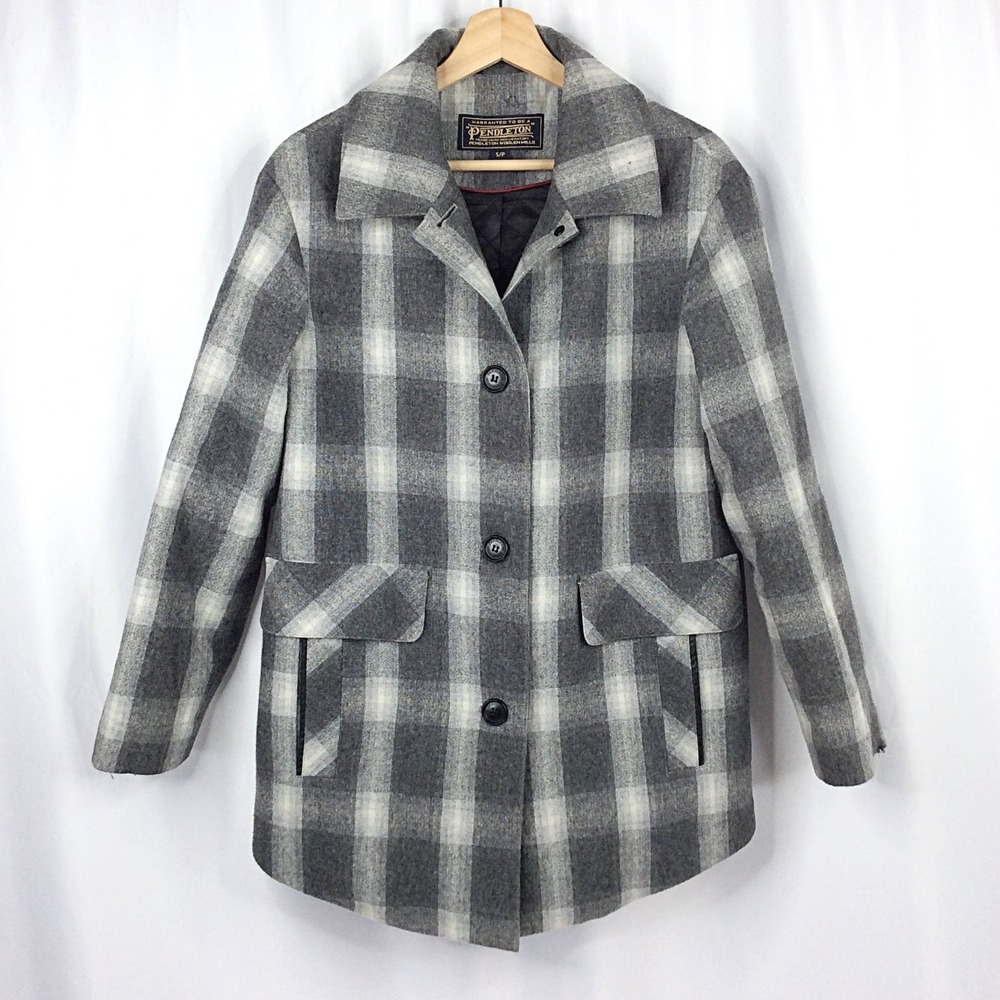 Pendleton Wool Plaid Trench Coat Women's Small Gray Mid Length Button Down